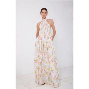 S/W/F Shirred Floral Print Halter Sleeveless Tiered Garden Party Maxi Dress SWF